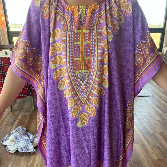 Gypsie Blu Kaftan in Purple & Yellow Design One Size Tunic Boho Casual Beach - Picture 1 of 6
